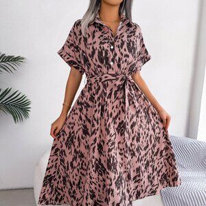 Printed Collared Neck Short Sleeve Tie Waist Dress